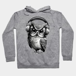 Owl Drawing in Black and White Wearing Headphones Hoodie